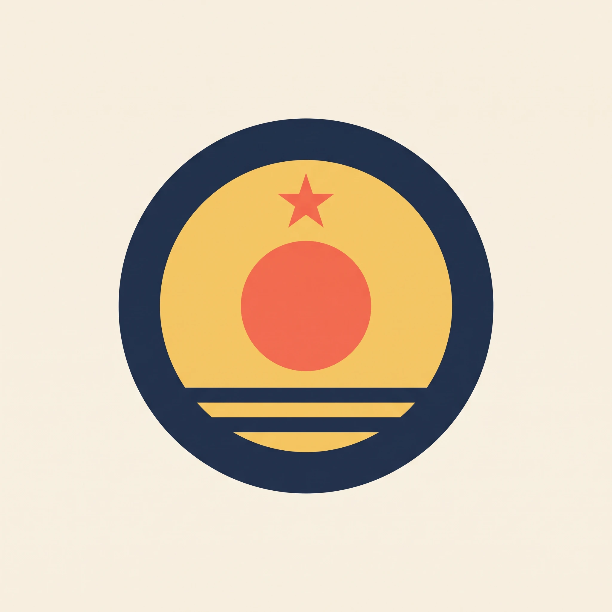 A round badge: a navy ring around a sand disc, a coral sun, two navy bars and a small coral star